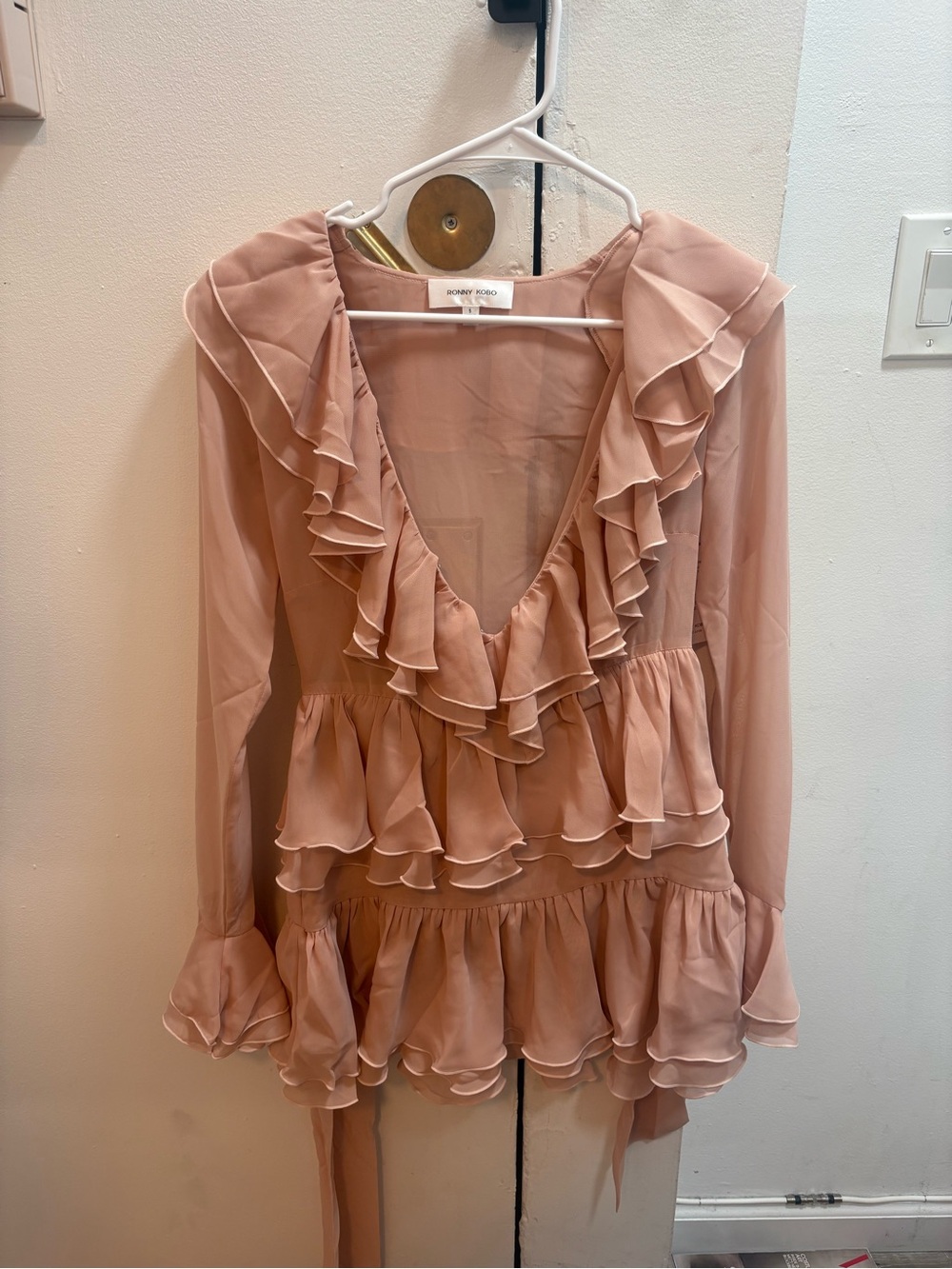 Ronny Kobo Blush Pink Ruffle V-Neck Long-Sleeve Dress